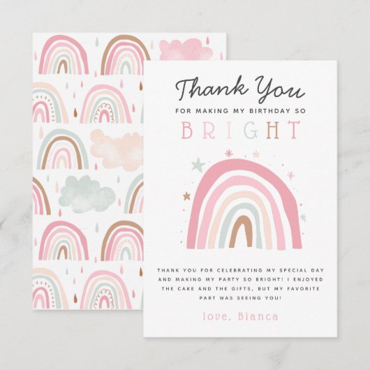 Schattige Pastel Regenboog Meisjes Verjaardagsfees Bedankkaart (Voorkant / Achterkant)