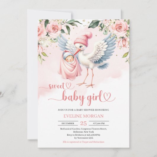 Schattige pastel roze bloemenooievaar levering bab kaart (Voorkant)