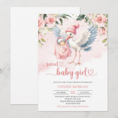 Schattige pastel roze bloemenooievaar levering bab kaart (Voorkant / Achterkant)