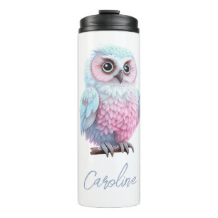 Schattige Pastel Roze en Blauwe Cartoon Uil Thermosbeker