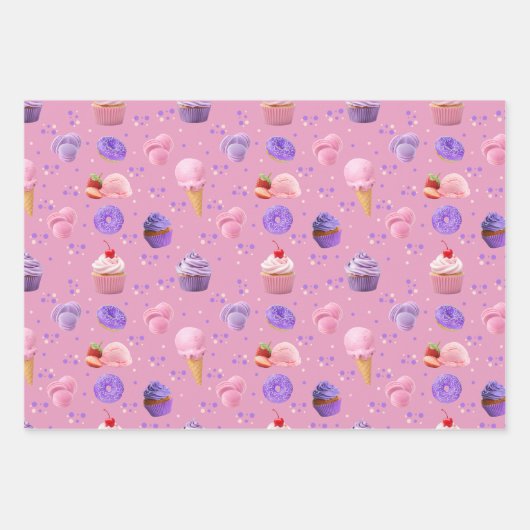 Schattige Pastel Roze Paarse Cupcake Donut Pattern Inpakpapier Vel (Voorkant 2)