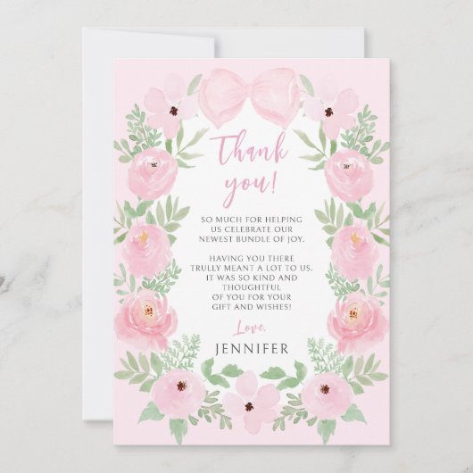Schattige pastel roze strik bloemenelegant baby sh bedankkaart (Voorkant)