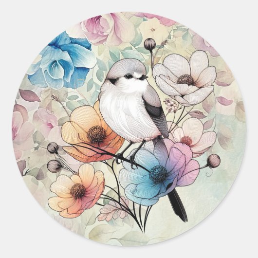 Schattige Pastel Spring Waterverf Bloemenvogel Ronde Sticker (Voorkant)
