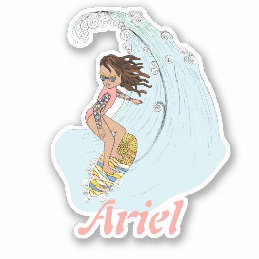 Schattige Pastel Surfer Meisje met Naam Zomer Esth Sticker (Voorkant)