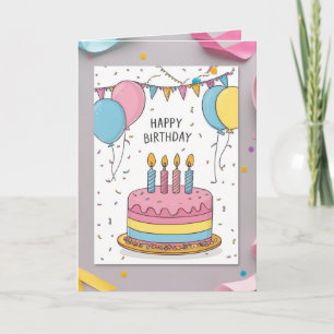 Schattige Pastel Verjaardag Wenskaart met Taart en Kaart