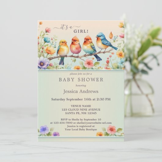 Schattige Pastel Vogels Waterverf Bloemen Baby sho Kaart (Staand voorkant)