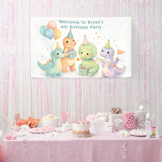 Schattige Pastel Waterverf Dinosaurussen Verjaarda Spandoek (Feest)