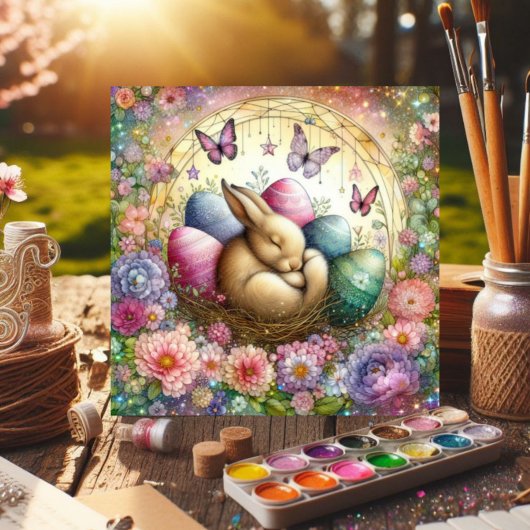 Schattige pastel Waterverf slaperig konijntje paas Feestdagenkaart