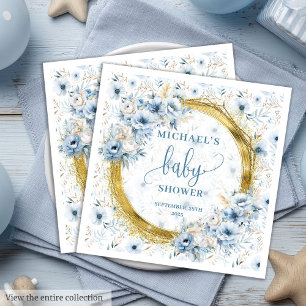 Schattige pastelblauwe bloemen gouden baby shower servet