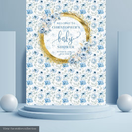 Schattige pastelblauwe bloemen gouden baby shower wandkleed