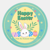 Schattige pastelgroen geel konijntje happy easter ronde sticker (Voorkant)