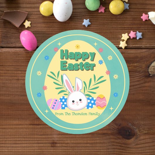 Schattige pastelgroen geel konijntje happy easter ronde sticker