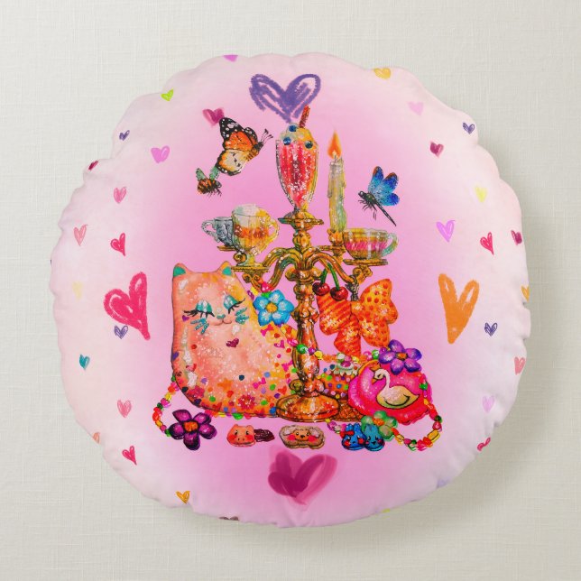 Schattige Pasteltint Rond Kussen (Voorkant)