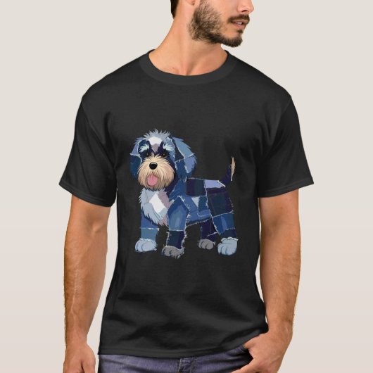 Schattige Patchwork Denim Hond Kunst Hondenprint D T-shirt (Voorkant)
