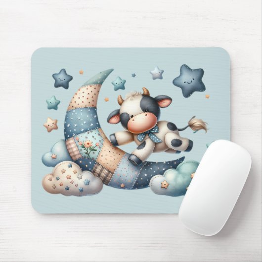 Schattige Patchwork Koe over Maan met Sterren Muismat (Met muis)