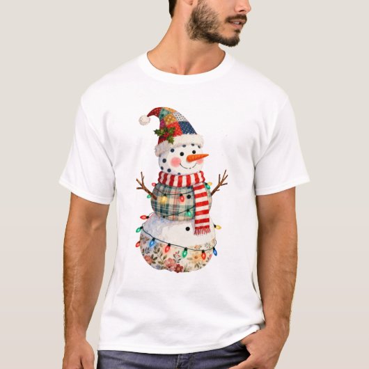 Schattige Patchwork Sneeuwman Kerstverlichting Vak T-shirt (Voorkant)