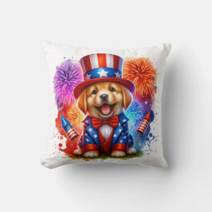 Schattige Patriottisch Uncle Sam Puppy Vuurwerk Kussen