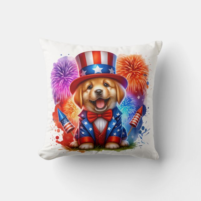 Schattige Patriottisch Uncle Sam Puppy Vuurwerk Kussen (Voorkant)