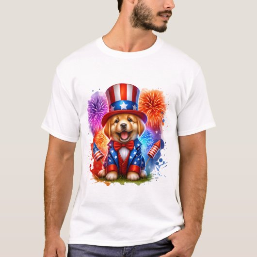 Schattige Patriottisch Uncle Sam Puppy Vuurwerk T-shirt (Voorkant)
