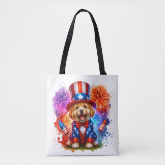 Schattige Patriottisch Uncle Sam Puppy Vuurwerk Tote Bag