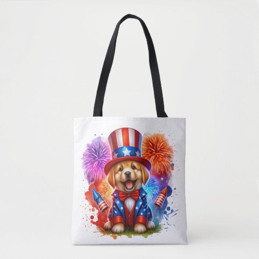 Schattige Patriottisch Uncle Sam Puppy Vuurwerk Tote Bag (Voorkant)