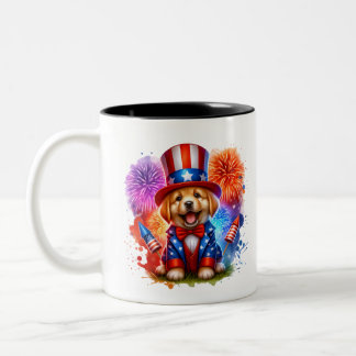 Schattige Patriottisch Uncle Sam Puppy Vuurwerk Tweekleurige Koffiemok