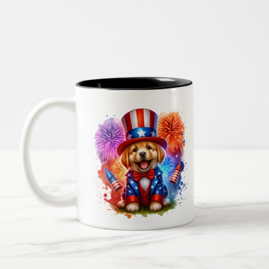 Schattige Patriottisch Uncle Sam Puppy Vuurwerk Tweekleurige Koffiemok (Links)