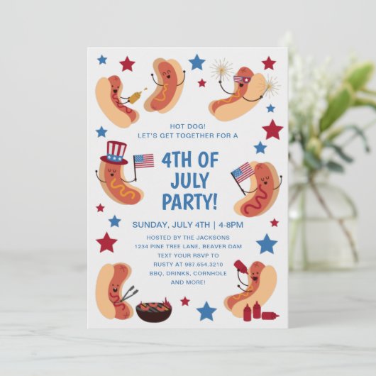 Schattige patriottische hotdog 4 juli uitnodiging (Staand voorkant)