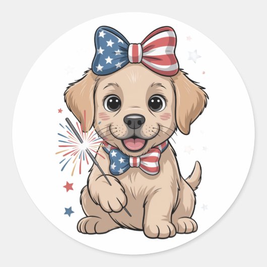 Schattige Patriottische Puppy Viering 4 juli Ronde Sticker (Voorkant)