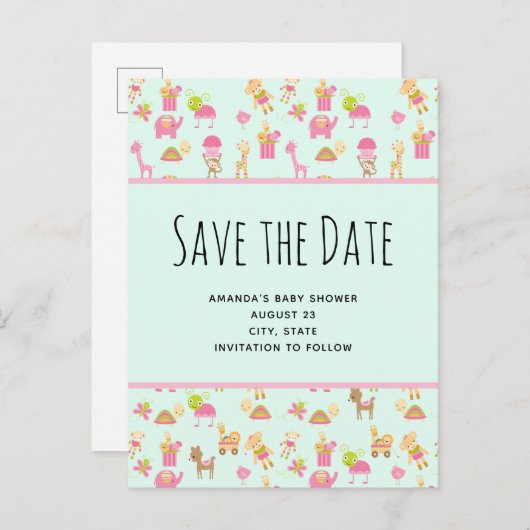 Schattige Patroon met Kwekerijdieren Sla de Datum Uitnodiging Briefkaart (Voorkant / Achterkant)