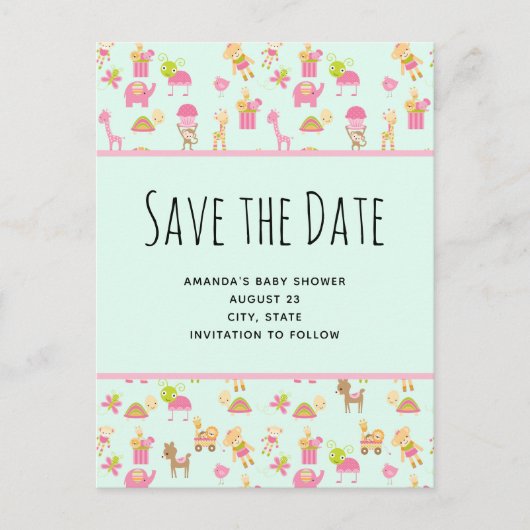 Schattige Patroon met Kwekerijdieren Sla de Datum Uitnodiging Briefkaart (Voorkant)