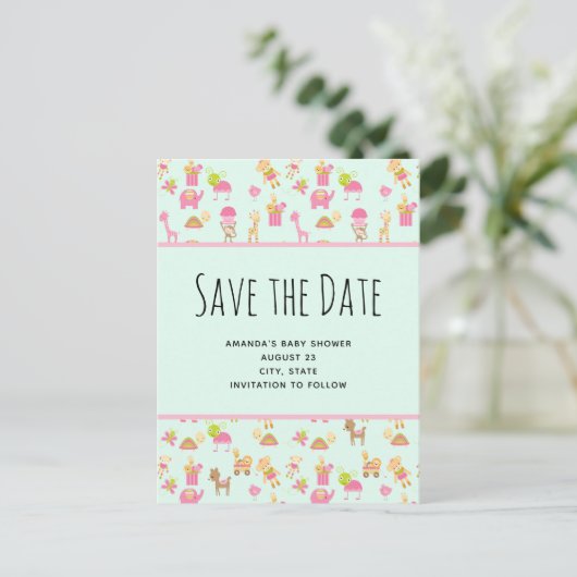 Schattige Patroon met Kwekerijdieren Sla de Datum Uitnodiging Briefkaart (Staand voorkant)