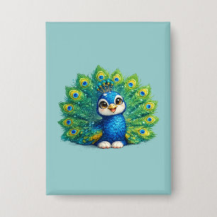 Schattige Pauw met Grote Ogen Kawaii Vogelontwerp Button