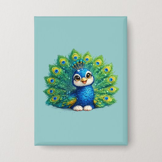 Schattige Pauw met Grote Ogen Kawaii Vogelontwerp Button (Voorkant)