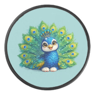 Schattige Pauw met Grote Ogen Kawaii Vogelontwerp Hockey Puck