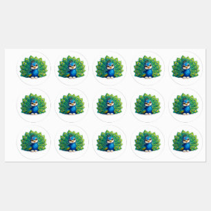 Schattige Pauw met Grote Ogen Kawaii Vogelontwerp Labels