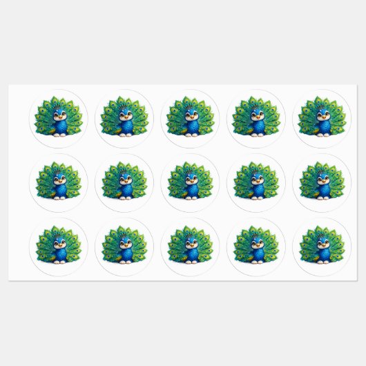Schattige Pauw met Grote Ogen Kawaii Vogelontwerp Labels (Vel)