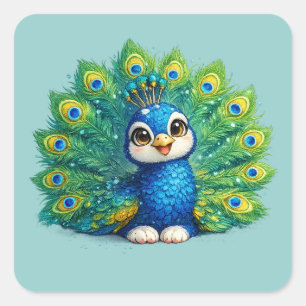 Schattige Pauw met Grote Ogen Kawaii Vogelontwerp Vierkante Sticker