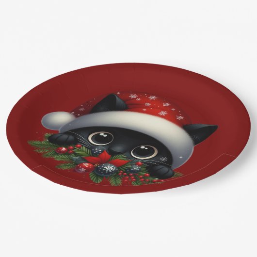 Schattige Peeking Christmas Black Cat Papieren Bordje (Gekanteld)