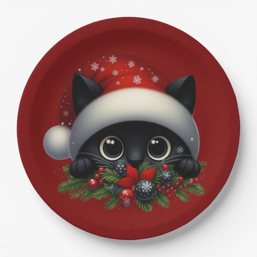 Schattige Peeking Christmas Black Cat Papieren Bordje (Voorkant)