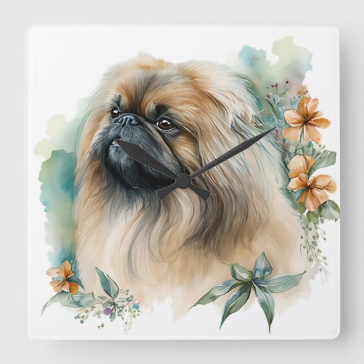 SCHATTIGE PEKINGESE HOND MET WILDE BLOEMEN VIERKANTE KLOK (Voorkant)