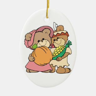 schattige pelgrim en indiaanse thanksgiving teddyb keramisch ornament