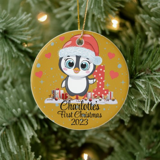 Schattige Penguin Baby's Eerste Kerstmis Goud Keramisch Ornament (Boom)