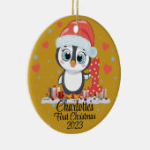 Schattige Penguin Baby's Eerste Kerstmis Goud Keramisch Ornament (Rechts)