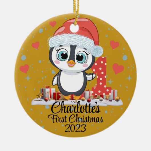 Schattige Penguin Baby's Eerste Kerstmis Goud Keramisch Ornament (Voorkant)