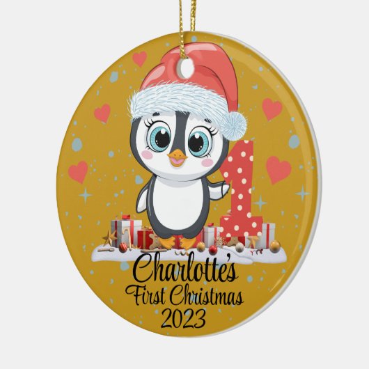 Schattige Penguin Baby's Eerste Kerstmis Goud Keramisch Ornament (Links)