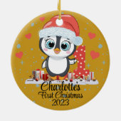 Schattige Penguin Baby's Eerste Kerstmis Goud Keramisch Ornament (Achterkant)