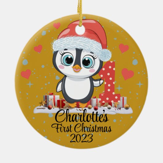 Schattige Penguin Baby's Eerste Kerstmis Goud Keramisch Ornament (Achterkant)