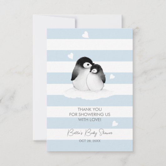 Schattige Penguin Blauw Grijs Baby shower Bedankkaart (Voorkant)