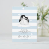 Schattige Penguin Blauw Grijs Baby shower Bedankkaart (Staand voorkant)